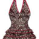 Milumia Women's Leopard Print Sleeveless Halter Romper Y2K Contrast Binding Shorts Jumpsuit (Medium, Red and Brown)