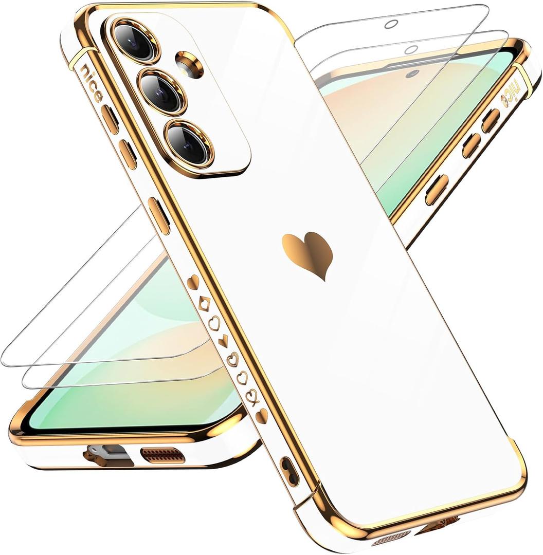 LeYi for Samsung S25-FE 5G Case: [   ] Tempered Glass Screen Protector [2 Pcs]+ Full Camera Lens Protection,Love Heart Plating Women Luxury Shockproof for Galaxy S25 FE, White
