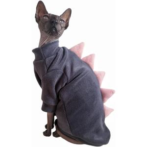 Dinosaur Sphynx Cat Clothes, Soft Polar Fleece Sweater for Cat, Elastic Pet Clothes Thick Winter Warm Outfit for Hairless Cat, Devon, Cornish, Small Dogs Apparel with Sleeves (Grey, X-Large) (XL (10-12 lbs))