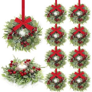 8 Pcs 9 Inch Christmas Artificial Wreaths for Kitchen Cabinet Norfolk Pine Garland with Red Berries Pinecones Wreaths Swags Snowy Pine Candle Rings Holder for Christmas Decorations Table Centerpiece