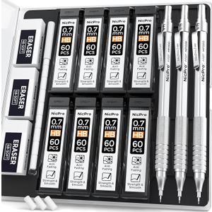 Nicpro 0.7 Metal Mechanical Pencil Set with Case, 3PCS MP1000 0.7mm Artist Lead Pencil With 8 Tube HB Refills, 3 Erasers, 9 Eraser Refill For Architect Art Drafting Drawing Engineering, Sketching (Silver)
