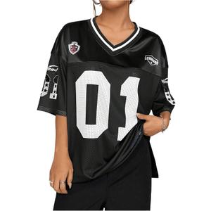 SOLY HUX Jersey Shirts for Women Y2k Graphic Number Oversized Tees V Neck Half Sleeve Cute Soccer Streetwear T Shirt Tops (Medium)