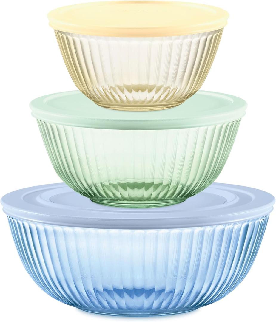 Pyrex Year Of Color Sculpted (3-Pack| 1.3 QT, 2.3 QT, 4.5 QT) Tinted Glass Mixing Bowls Set With Lids For Prepping, Baking and Cooking, Preheated Oven, Dishwasher, Freezer, and Microwave Safe