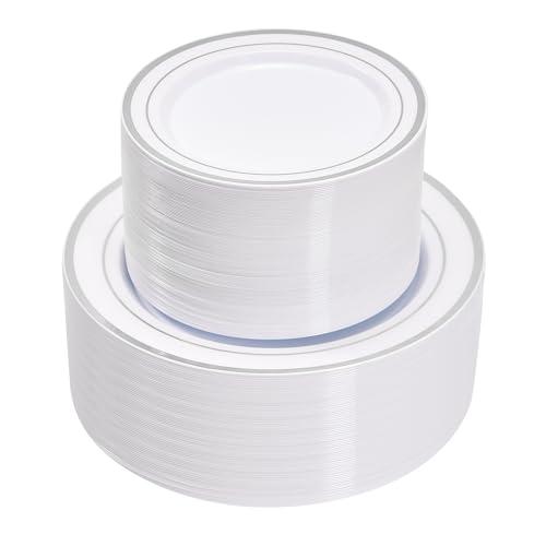 Fijinhom 100PCS Silver Plastic Plates, Disposable Plates with 50PCS 10" Dinner Plates & 50PCS 7" Dessert Plates for 50 Guests, Plastic Party Plates for Wedding, Birthday, Silver