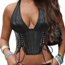 Women's Y2K Leather Halter Corset Tops Backless Shapewear Top Slit Grommet Eyelet Lace Up Party Tank Club Outfits (X-Large, Black)
