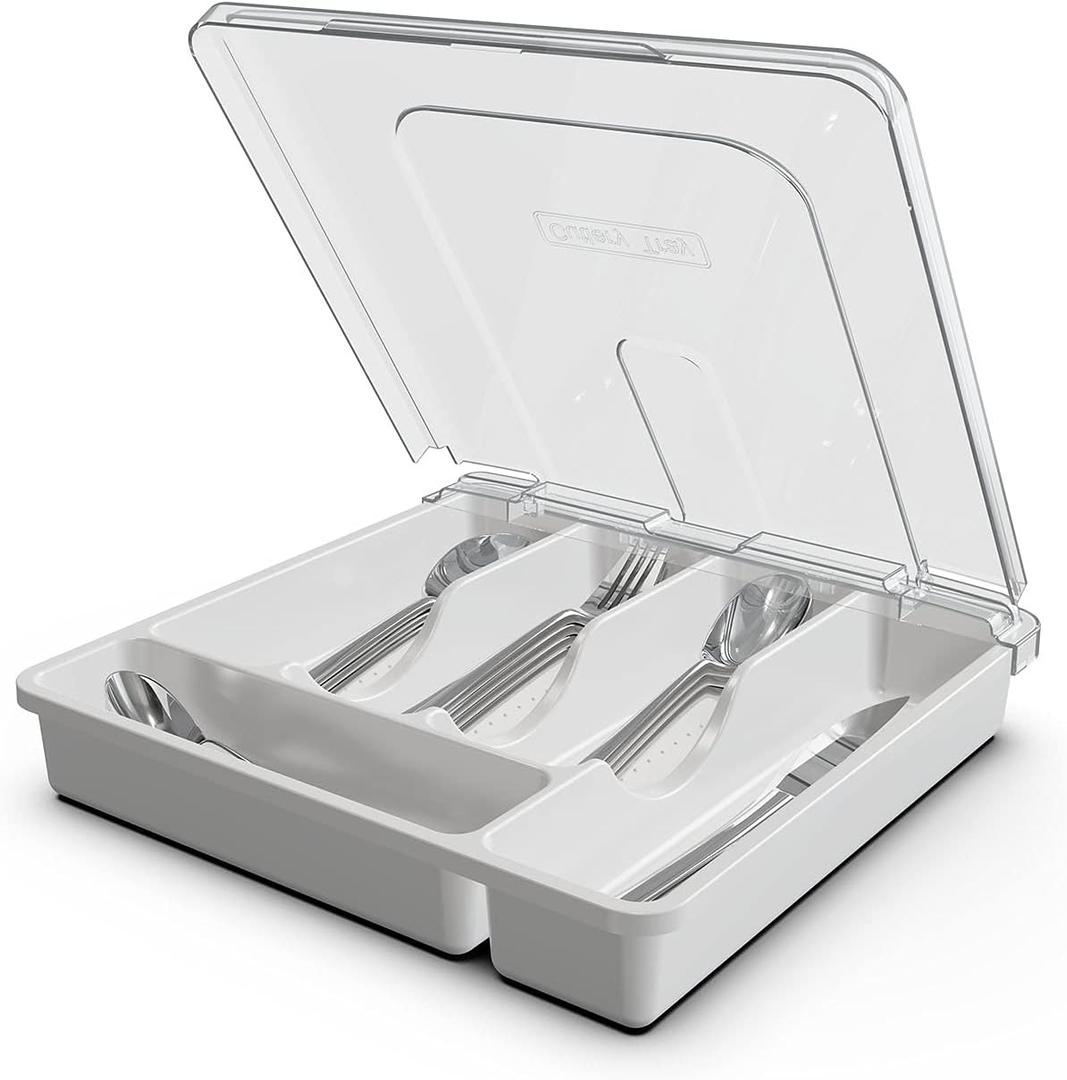 Silverware Organizer with Cover, Portable Cutlery Holder Flatware Tray with Lid Plastic Silverware Storage Box Airtight Black Cutlery Tray with Lid (White)