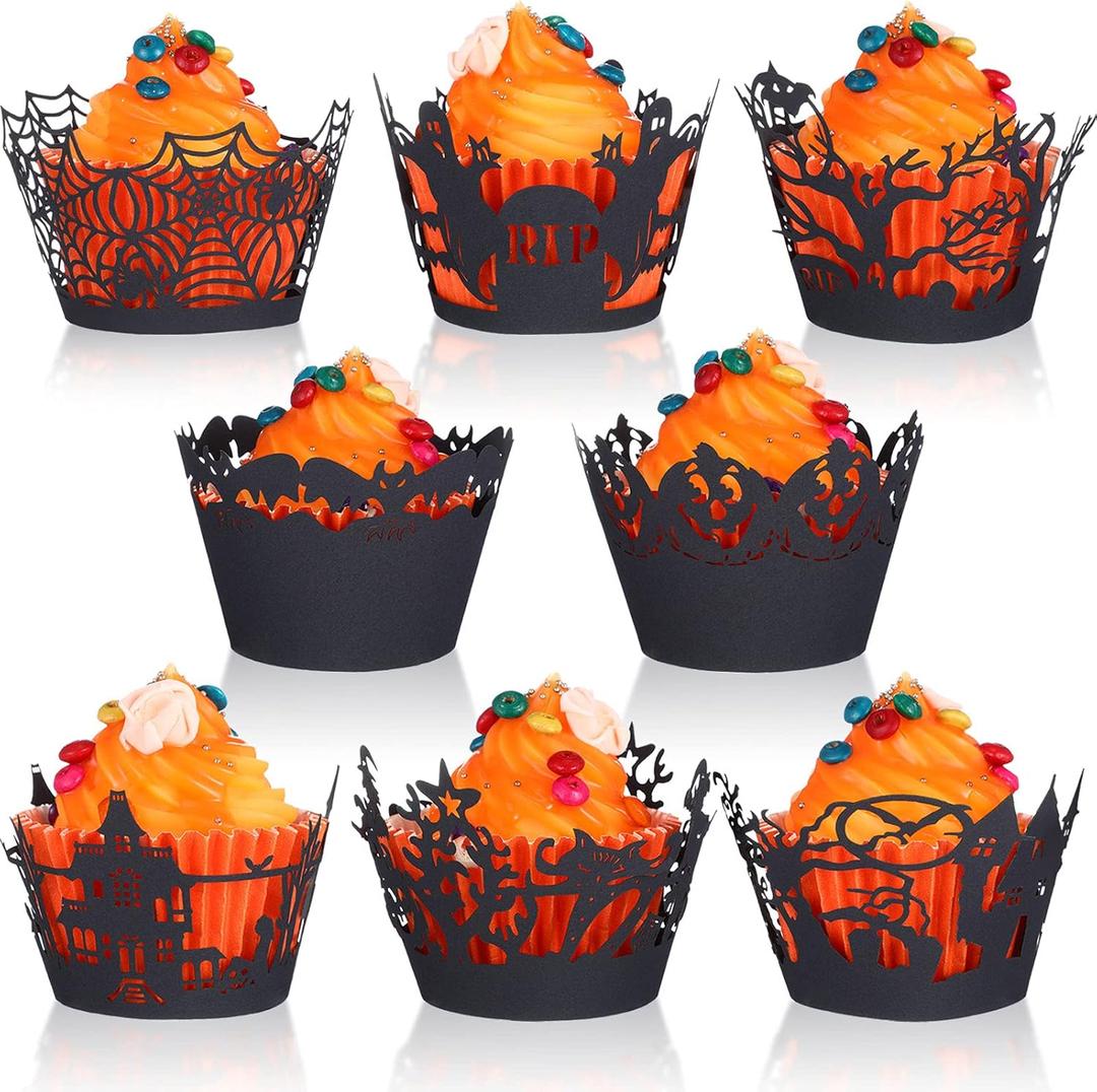 96 Pieces Halloween Cupcake Wrappers Spiderweb Night Castle Cupcake Wrappers Halloween Laser Cut Paper Liners for Wedding Birthday Party Decoration
