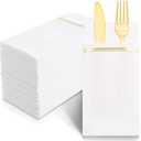 Nervure 100PCS Gold Paper Napkins with Built-in Flatware Pocket - White and Gold Prefolded Cloth Like Disposable Napkins - Heavy-duty Linen-Feel Dinner Napkins for Party & Wedding & Dinner