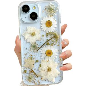 for iPhone 13 / iPhone 14/ iPhone 15 Clear Case with Pressed Real Flowers Design,Glitter Cute White Floral Pattern Soft TPU Protective Women Girl's Phone Cover for iPhone 13/14/15