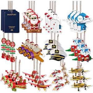 36 Pack Travel Christmas Tree Ornaments Bulk Wooden Airplane Pilot Passport Ornament Christmas Tree Decoration Airplane Gift for Travelers Custom Pilots, Crew, Flight Lovers