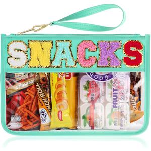 Snack Bag for Travel - Clear Chenille Varsity Letter Flat Pouch with Zipper, 12.28.46 inch Waterproof Clear Nylon Preppy Patch Makeup Cosmetic tote Bags for Women Girls