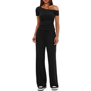 Darong Women's 2 Piece Outfits Lounge Sets Off Shoulder Short Sleeve Tops and High Waisted Wide Leg Pants Tracksuit Sets (Large)