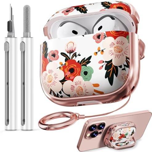 with Safety Lock for AirPods 4 Case,Clear Floral Cute AirPod 4th Generation Case for Women Girly with Cleaner Kit and Keychain - White Peony
