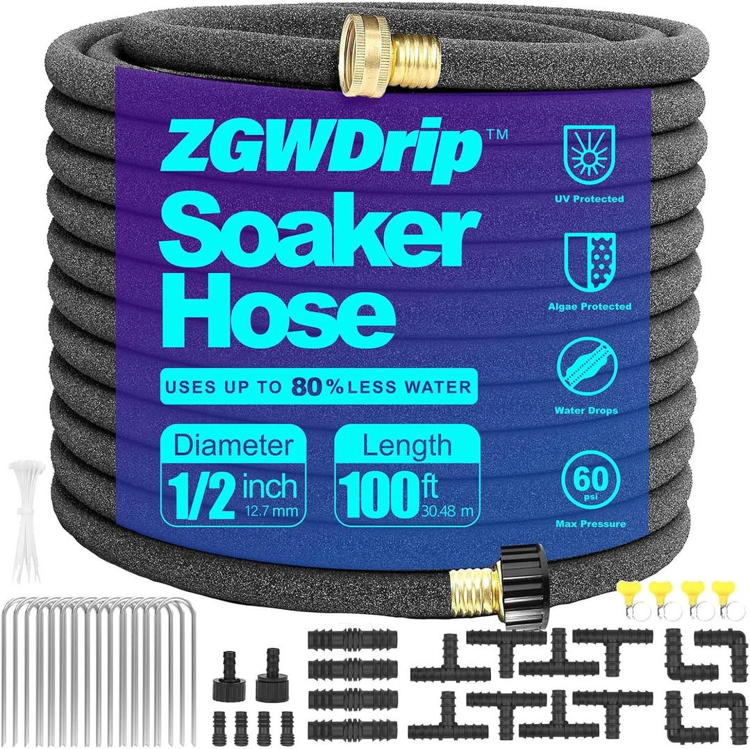 Soaker Hose 100 FT,1/2 Inch Soaker Garden Hose with 3/4" Solid Brass Connectors