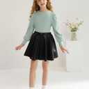 Girls Skirt Sets 2 Piece Outfits Long Sleeve Puff Mock Neck Tops and Plaid Skirts Fall Winter Clothes Size 6-14Y (Green)