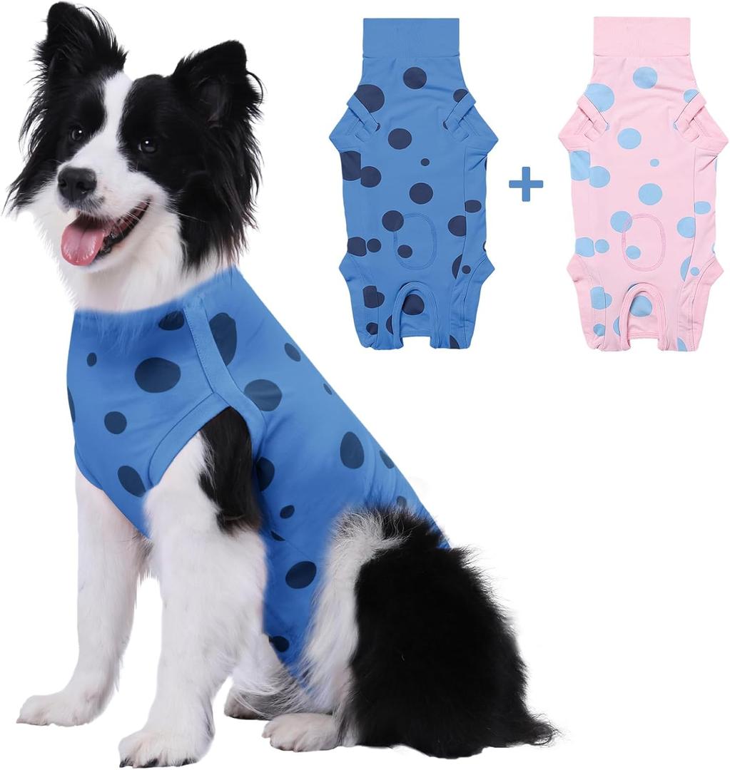 2-Pack Large Dog Surgery Recovery Suit Female/Male, Post Surgery Protective Wear with Pee Hole, Unisex Pet Surgical Vest for Wound Care, Spay/Neuter Healing (Blue+Pink)