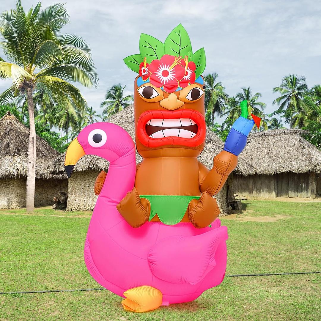 Shappy 5 ft Inflatable Tiki Flamingo Surfboard Luau Hawaiian Party Decorations Summer Inflatables Outdoor LED Lighted Tiki Blow up Beach Tropical Pool Surfing Yard Party Supplies Favors(Delicate)