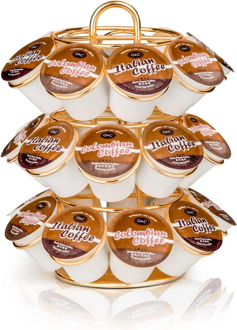 Coffee Pod Holder, K Cup Holders Carousel Organizer ,27 Coffee Pods Storage Compatible with K Cups, Spins 360-Degrees, Modern Gold Design Round,Shining Gold,3 Tier Home or Office Kitchen Counter Organizer