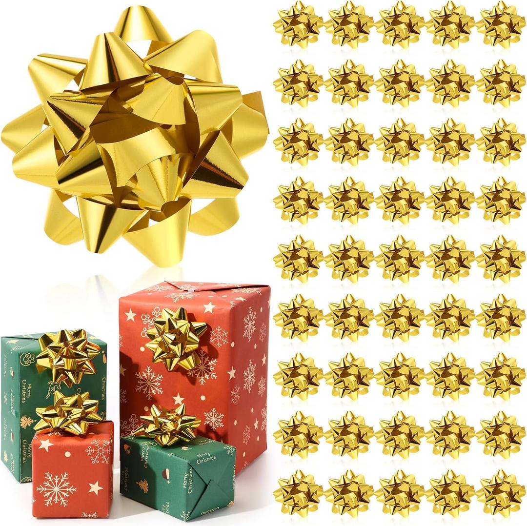 Yilloog 48 Pcs Valentines Gift Bow for Gift Wrapping Star Pattern Bulk 4 Inch Xmas Large Ribbon Bows Self Adhesive Color Star Metallic for Holiday Presents Box(Gold)