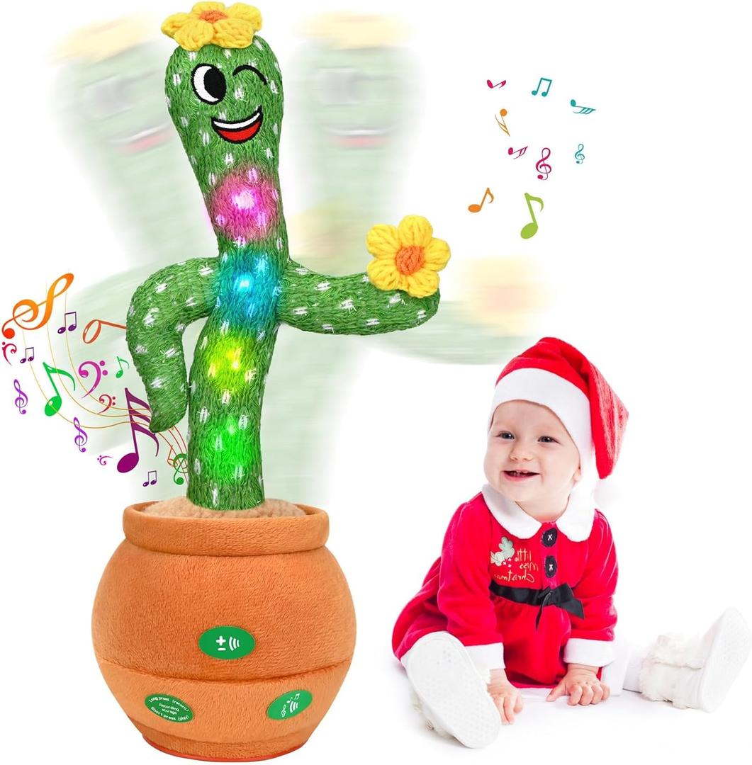 Talking Cactus Baby Toy, Singing Mimicking Repeating Tummy Time Toys with Music and Light, Infant Babies Toddler Kids Boy Girl Gifts, Recording, Dance, 60 English Songs, Repeat What You Say