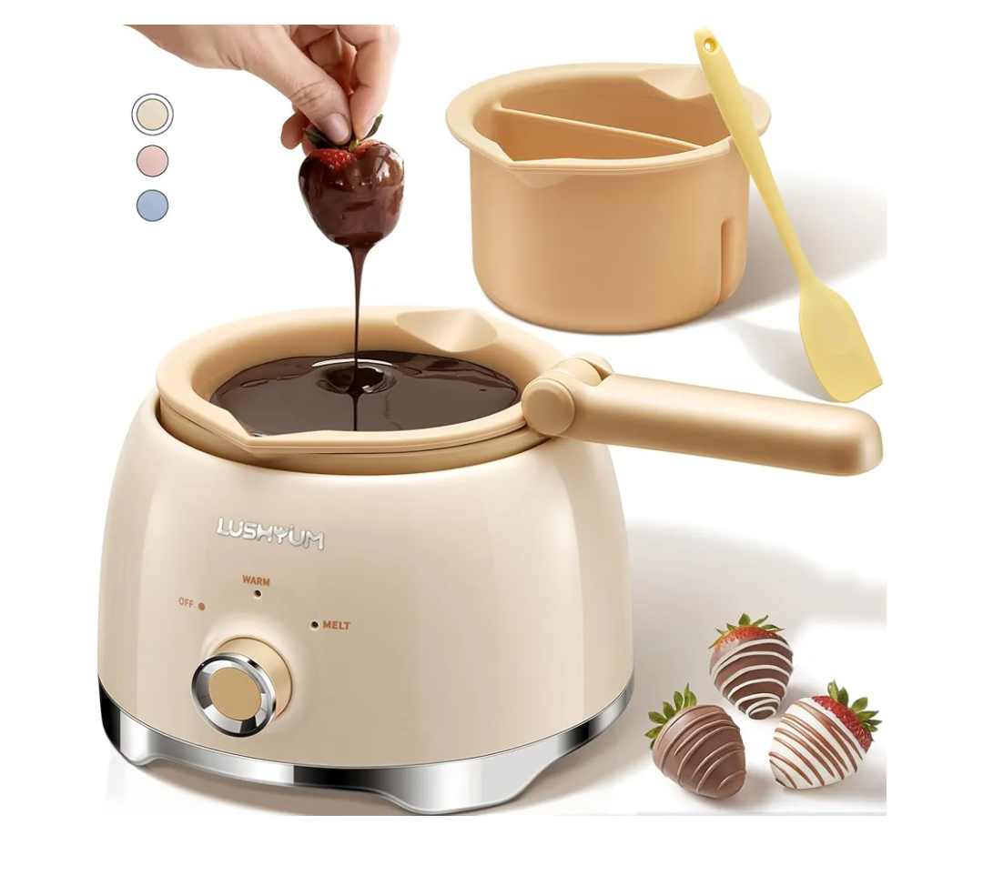 LUSHYUM Chocolate Melting Pot Candy Melts Melter with 2 Insert Pots and Spatula, 4 Cups Capacity Warmer Machine, Ideal Dipping Tool Kitchen Supplies for Making Cake Pop Covered Strawberries Fondue