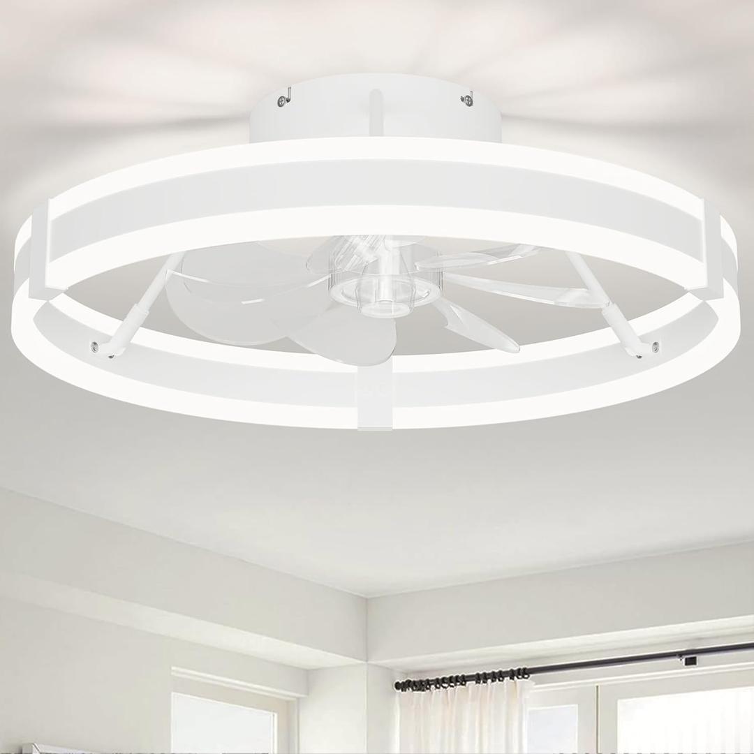 Bladeless Ceiling Fan with Lights,19.7'' 3000-6000K Dimmable 6 Wind Speed Low Profile Led Ceiling Fan, Reversible DC Motor Modern Flush Mount Indoor Kitchen Bedroom Fandelier Ceiling Fans (White-Style 2)