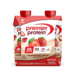 Premier Protein Shake, Strawberries & Cream, 30g Protein, No Added Sugar, 24 Vitamins & Minerals to Support Immune Health, 11 fl oz, 4 Pack, BBD 11/22/2026
