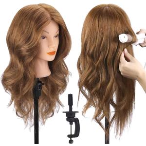 Mannequin Head with 100% Real Hair, TopDirect 18" Brown Real Hair Cosmetology Manikin Head Hairs Styling Hairdressing Practice Training Doll Heads with Clamp Holder and Tools
