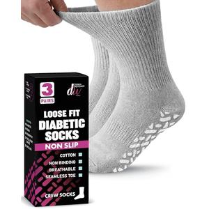 Debra Weitzner Loose Non-Binding Fit Sock - Non-Slip Diabetic Socks for Men and Women - Crew, Ankle 3Pk (Crew Grey with Grips, Sock Size 13-15/ Fits Men's Shoe Size 9-13.5)