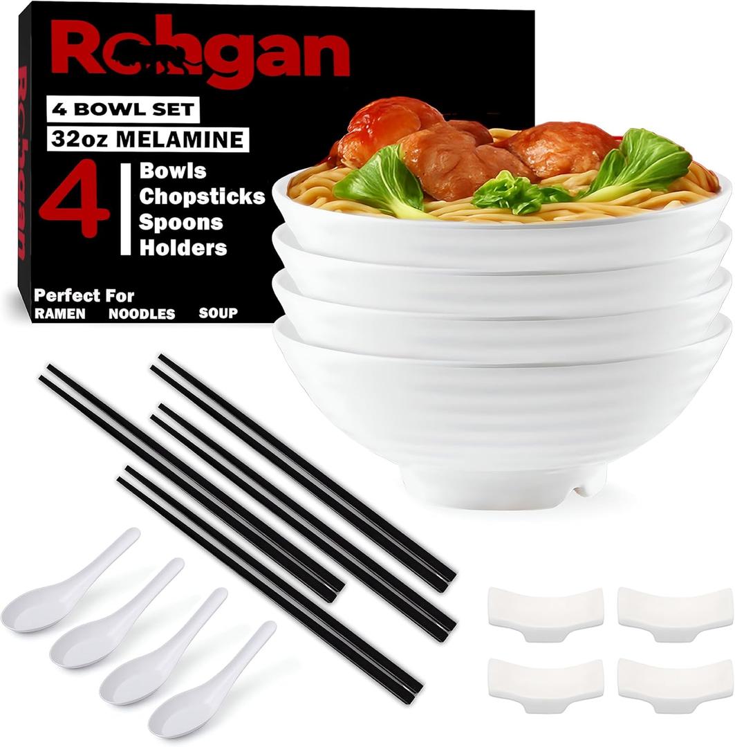 32oz Japanese Ramen Bowl Set  20-Piece White Melamine Pho Bowls with Chopsticks, Spoons & Holders  Durable, Dishwasher-Safe Dinnerware for Ramen, Udon & Soups
