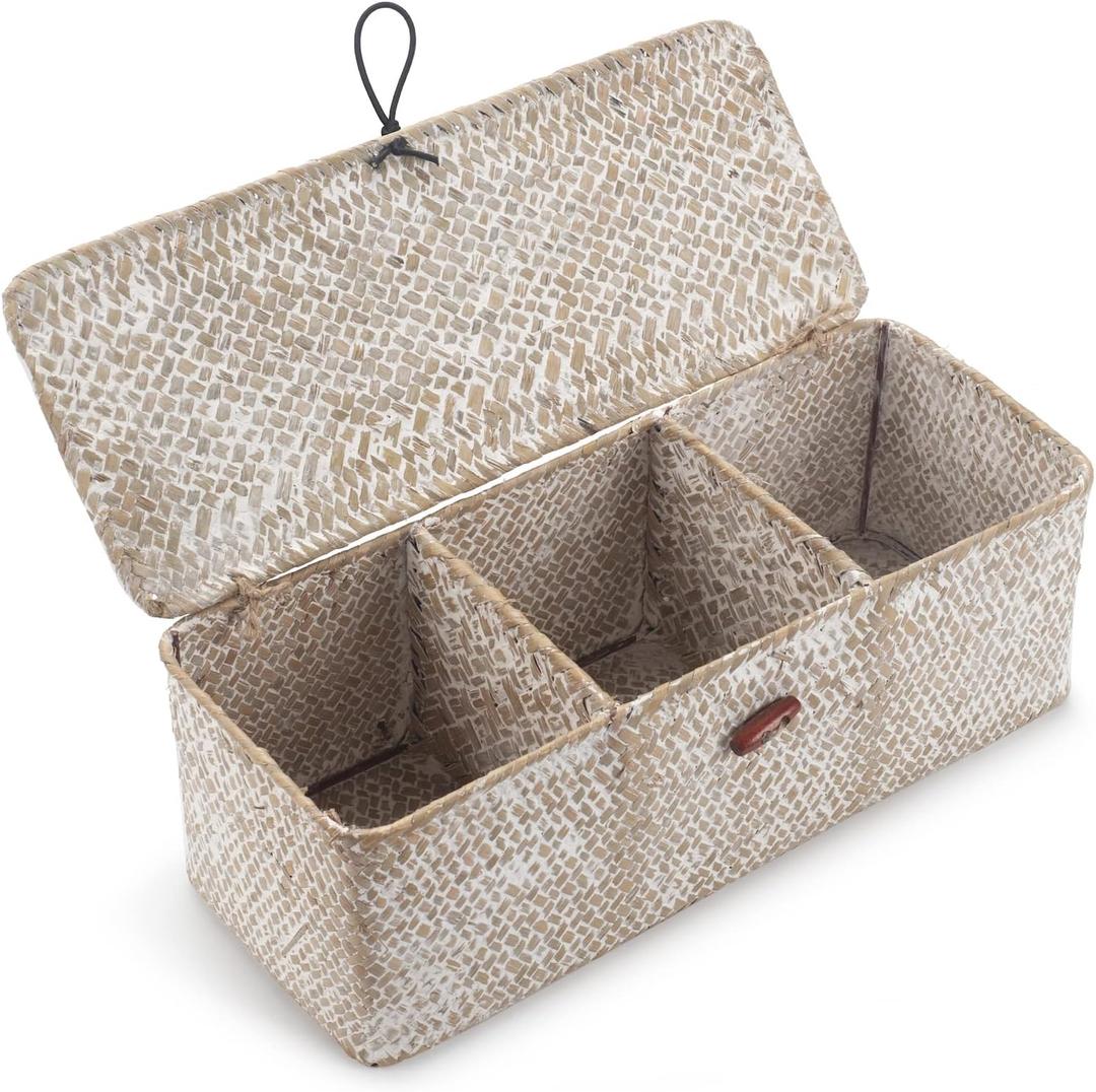 Seagrass Storage Basket with Lid Rectangular Small Woven Shelf Baskets with Sections for Organize Snack Toys Whitewash