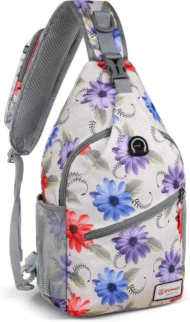 ZOMAKE Sling Bag,Small Crossbody Sling Backpack,Water Resistant Shoulder Daypack for Travel,Anti Thief Chest Bag for Hiking(Color Chrysanthemum)