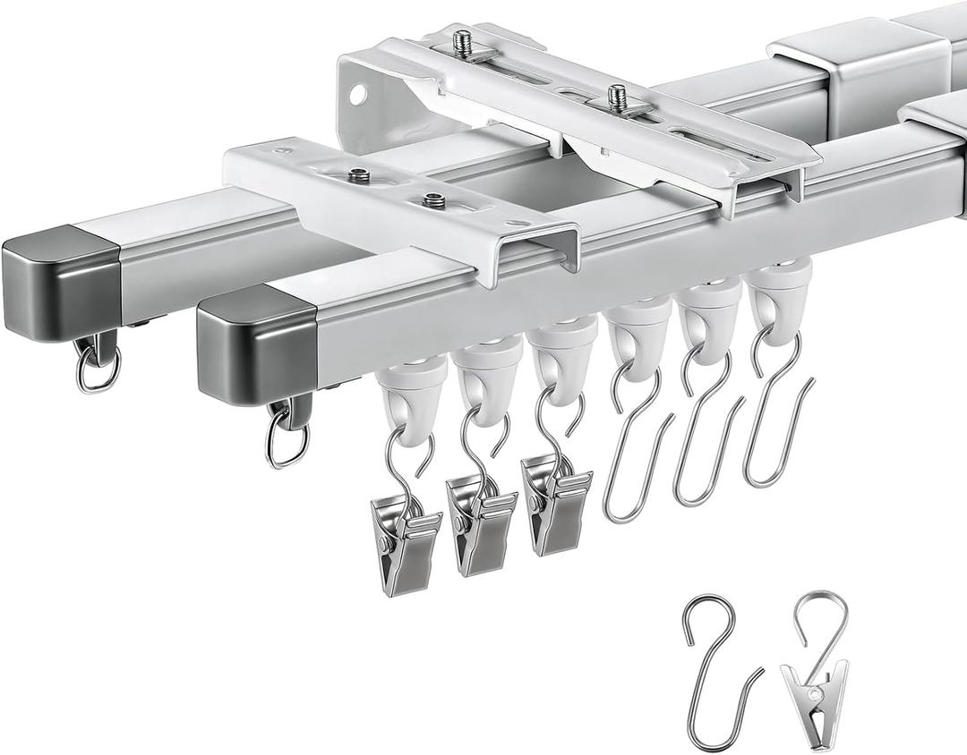 Juexica Retractable Ceiling or Wall Mount Curtain Track 2.8-4.9ft / 0.85-1.5 Meter Room Divider Curtain Rod, Rails Set with Silent Rollers and Hooks for Living Room Bedroom RV (Double)