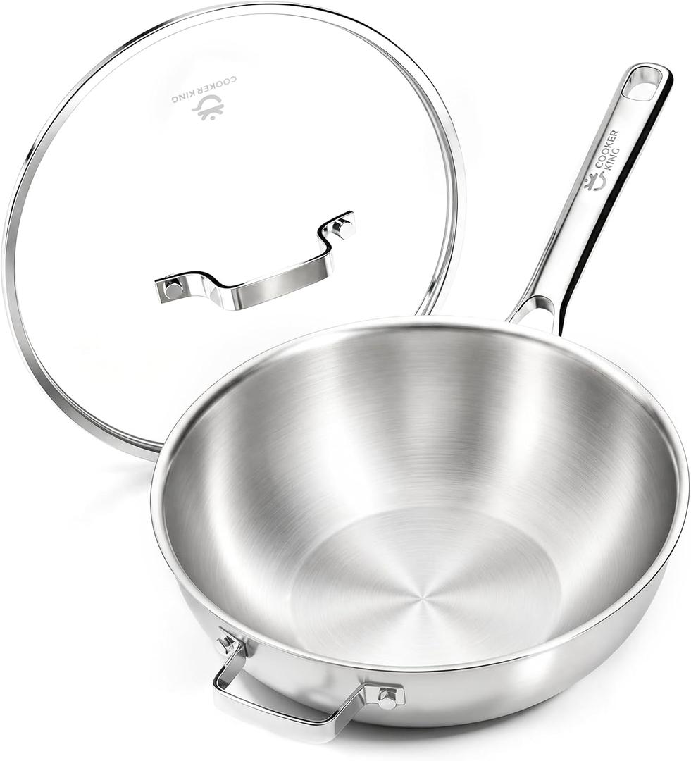 COOKER KING 12" Wok Pan with Lid, Stainless Steel Deep Skillet for Stir-Fry