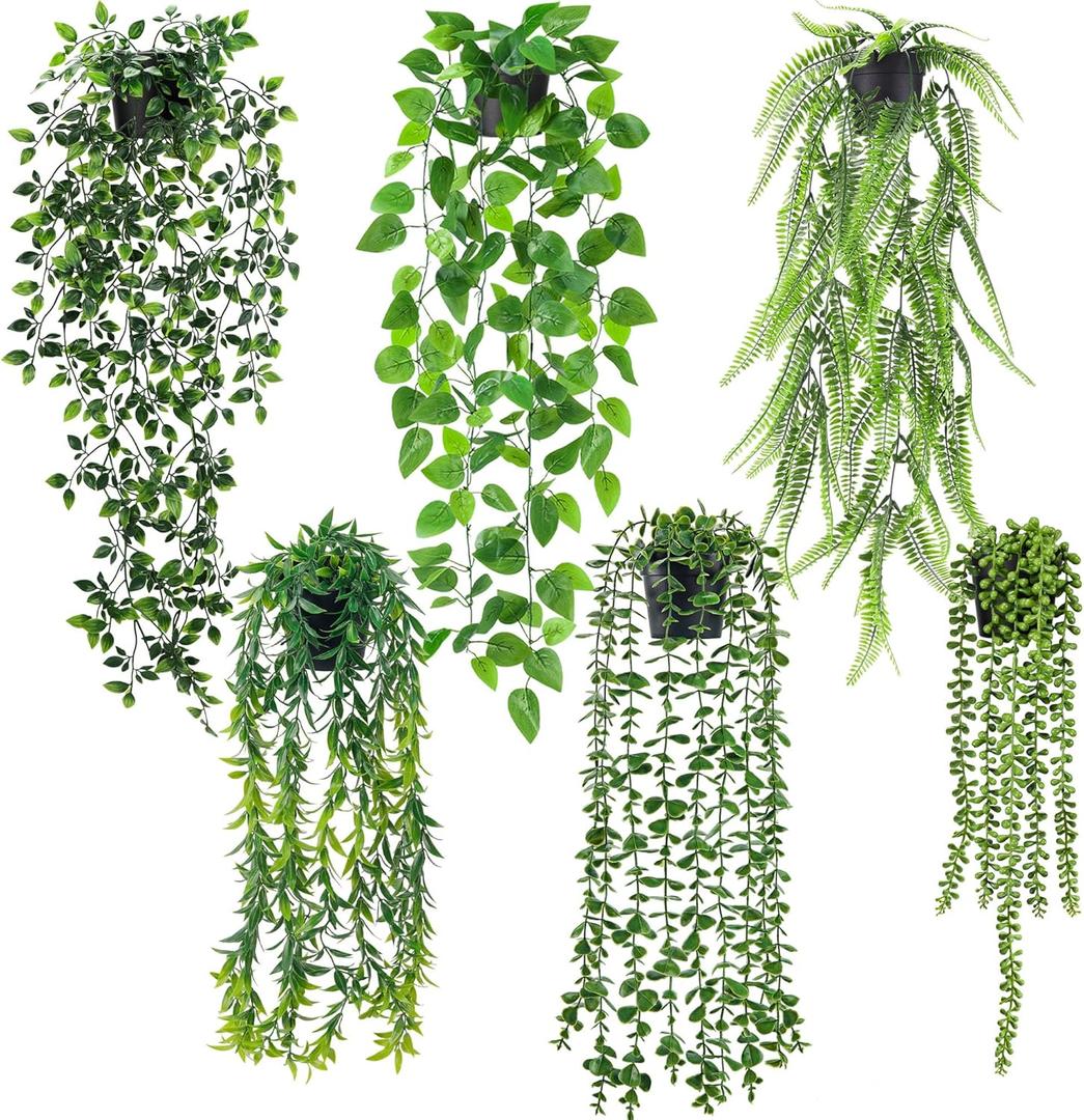 Der Rose 6Pcs Fake Hanging Plants Artificial Vines Faux Hanging Plants Indoor for Bathroom Kitchen Wall Bookshelf Outdoor Decor
