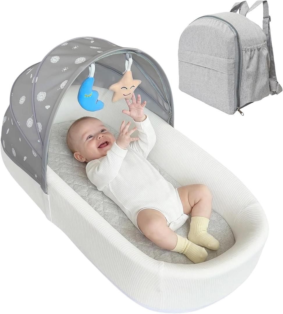 Portable Newborn Nest Lounger with Canopy & Mosquito Net-Lightweight Foldable Newborn Play Support & pad and Washable Cover, Indoor-Outdoor Use (Grey)