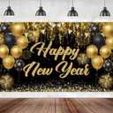 New Year Decorations  Black and Gold Happy New Year Banner, 71 x 43 Inches Large Hanging Backdrop with Ribbon for 2025 Celebration Party Supplies
