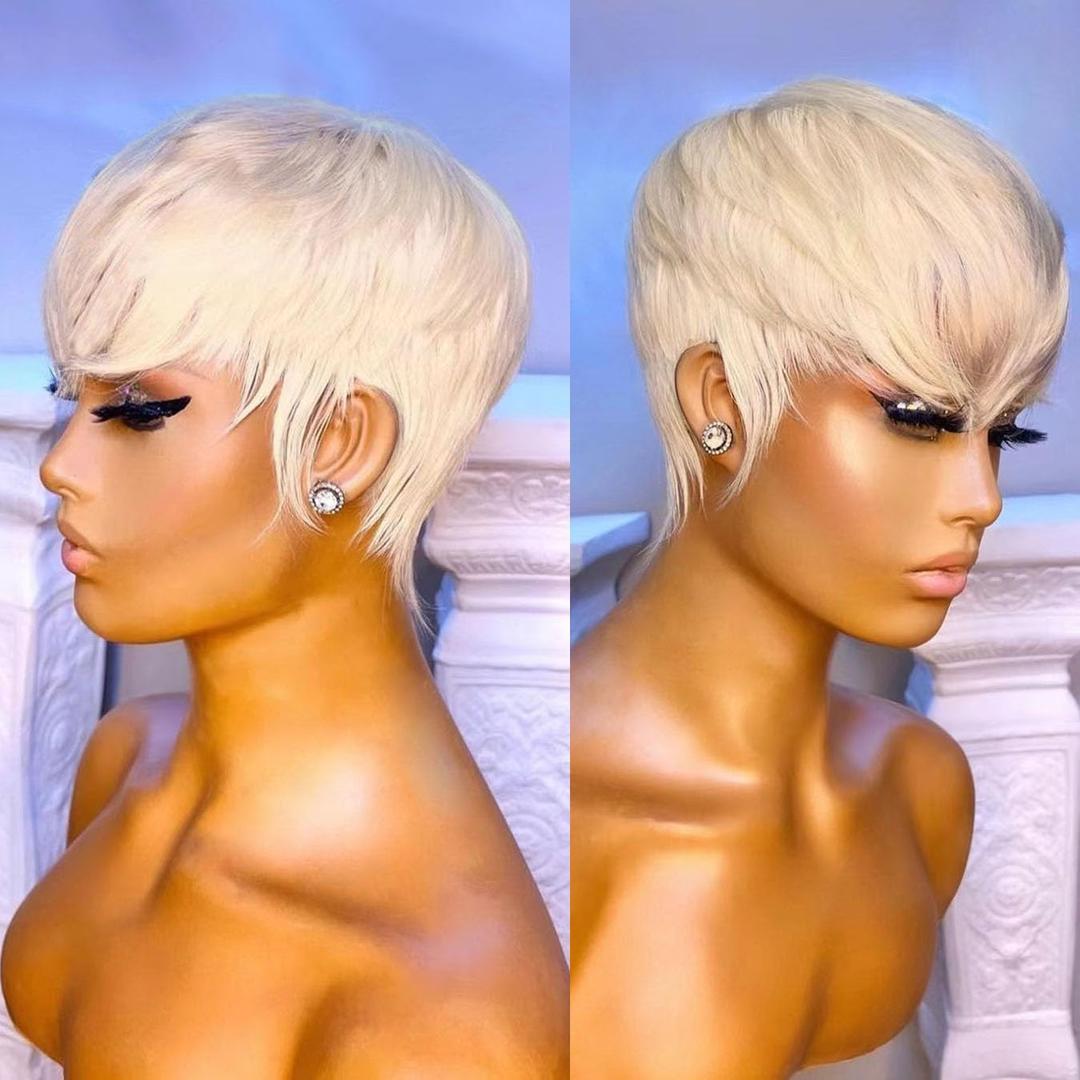 Short Blonde Wigs for Women 613 Highlight Pixie Cut Wig for Black Women Layered Blonde Wig with Bangs Pixie Haircut Synthetic Straight Natural Looking Daily Party Wigs