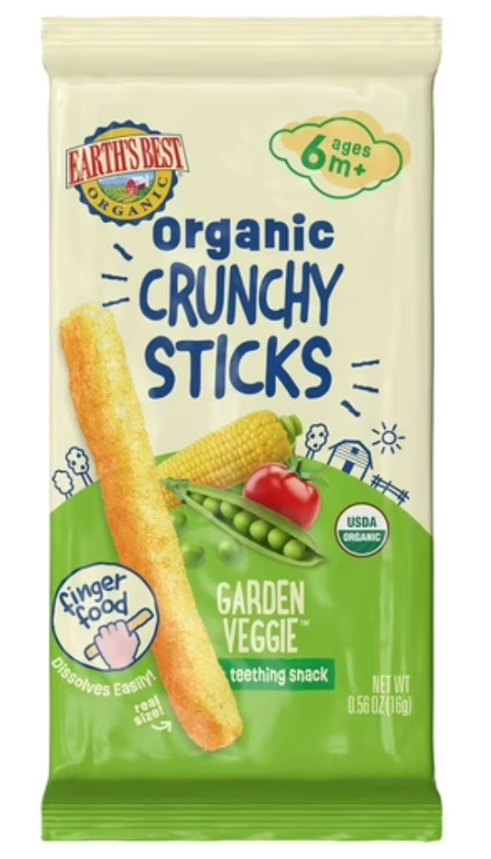 Earth's Best Organic Baby Food, Dissolvable Teething Snack for Babies 6 Months and Older, Garden Veggie Crunchy Sticks, 56 Oz Pack (Pack of 5), BB Date 05/11/2026