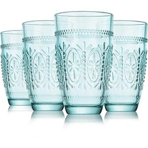 CREATIVELAND Colored Vintage Drinking Glasses Set of 4, 15.5 oz Romantic Embossed Water Glasses, Colored Tumblers Tempered Glass for Juice, Beverages, Beer, Cocktail (4 Count (Pack of 4), Blue)