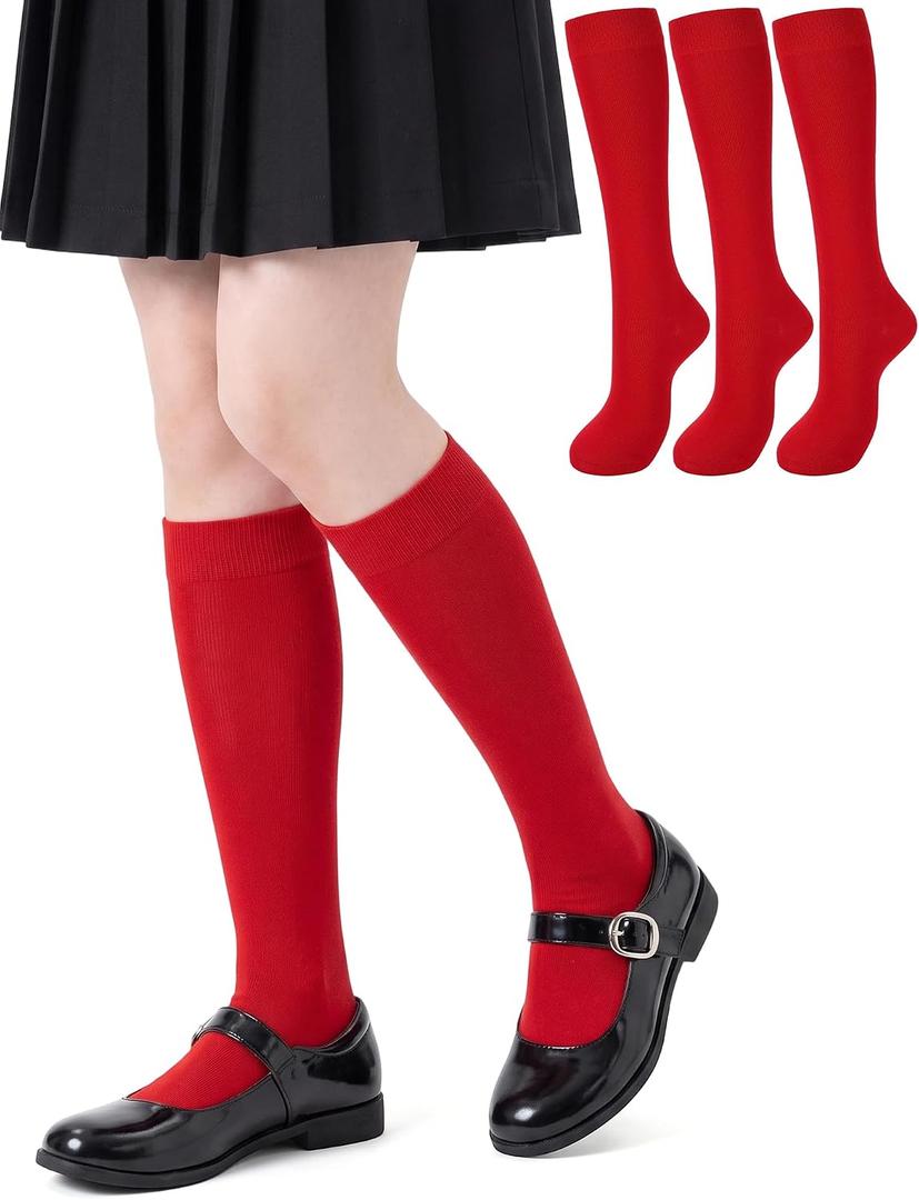 3 Pairs Kids Girls Knee High Socks Cotton Uniform School Dress Socks Seamless Toe (Red)