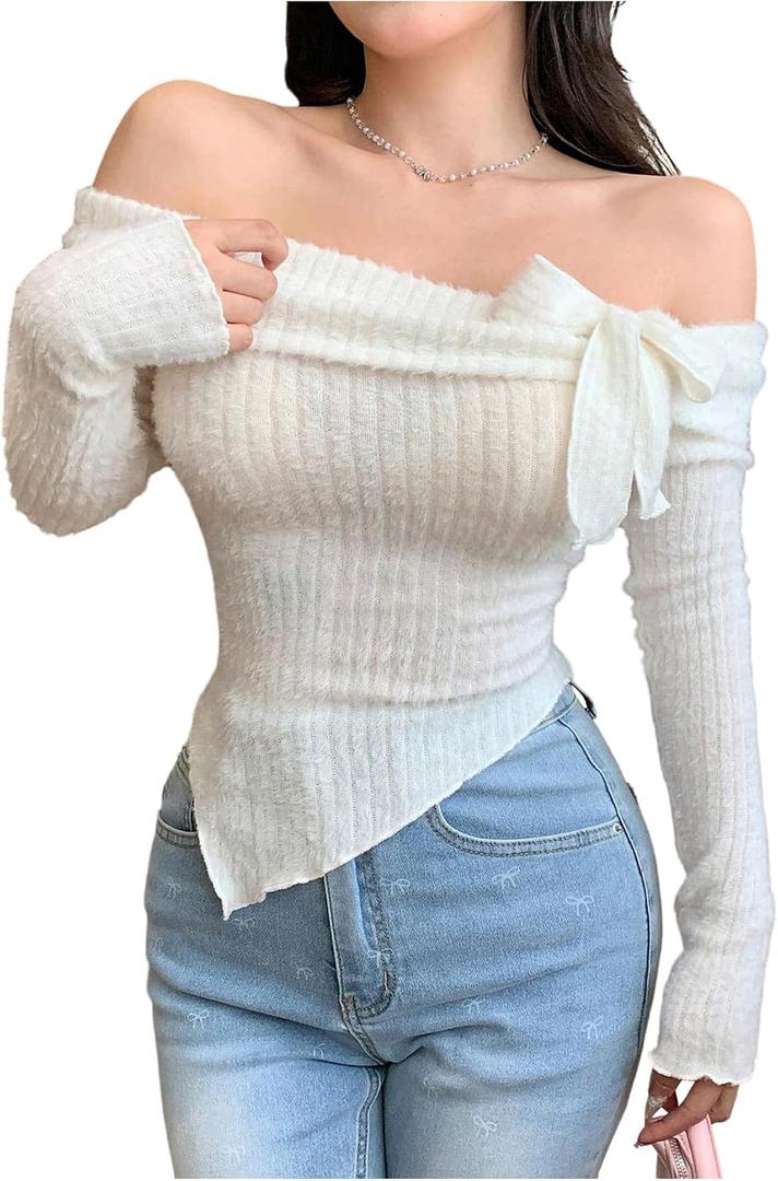 Verdusa Women's Bow Off The Shoulder T Shirt Asymmetrical Fuzzy Going Out Fitted Tops (White, M)