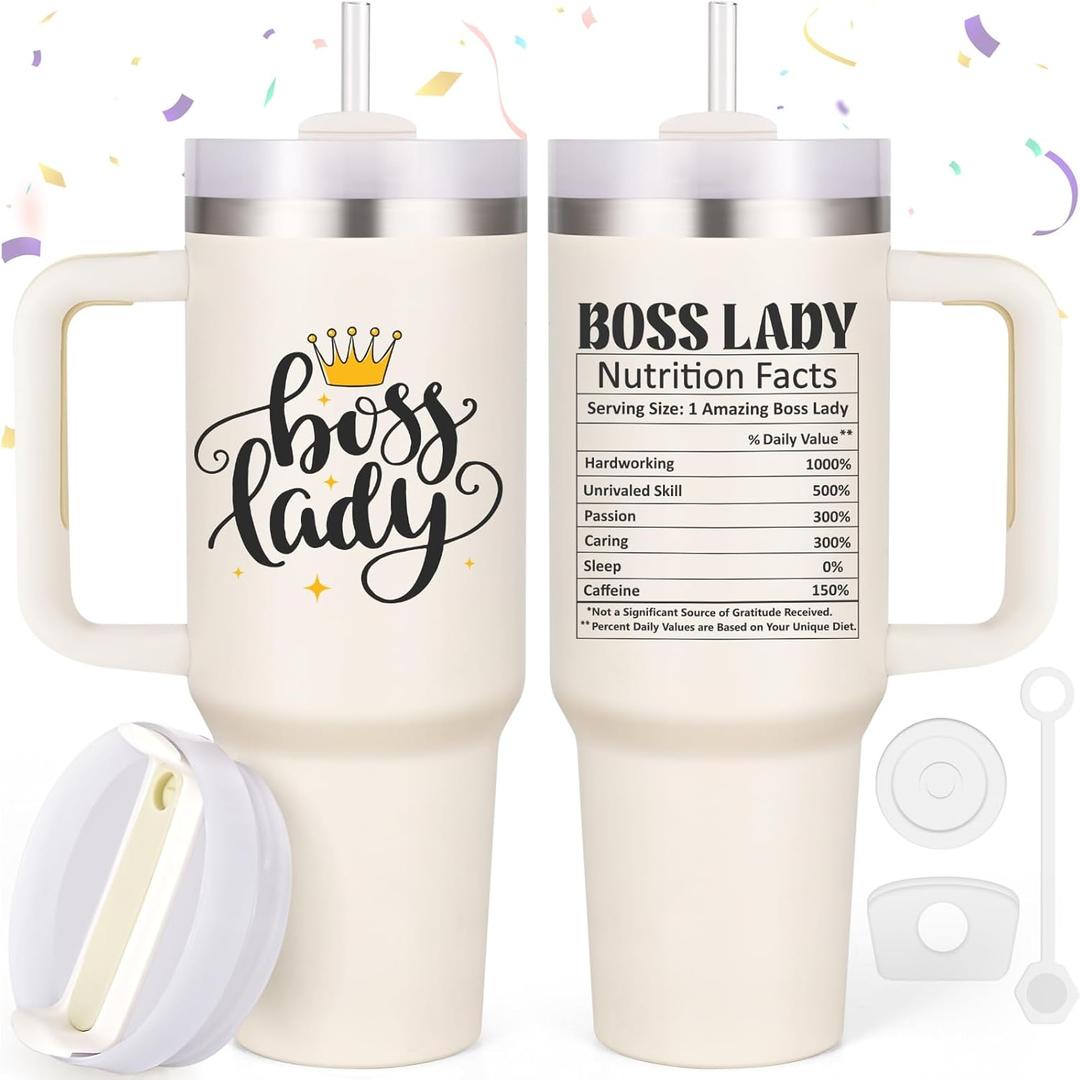 LiqCool Boss Gifts for Women - 40 oz Tumbler with Handle and Straw Lid, Great Gift Idea for Bosses Day, Birthday, Christmas (Cream)
