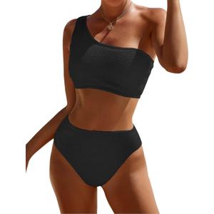 Bikini Sets for Women High Waisted 2 Piece Bestselling Swimsuit Ribbed One Shoulder Tummy Control Bathing Suit 2025 (Large, Black)