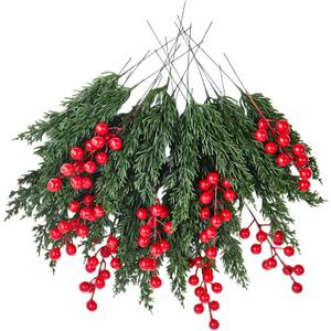 AFPV Christmas Decorations for Home Indoor Artificial Evergreen Pine Branches with Red Berry Stems for Christmas Trees, Plants Decor & Navidad Decoración (Red Berry Set)