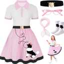 PARTTELY Poodle Skirt, 50s Outfit for Girls, 5PC 1950's Sock Hop Costume with Glasses,Waistband,Scarf and Sock for Halloween Pink Poodle Skirt, 9-10Y