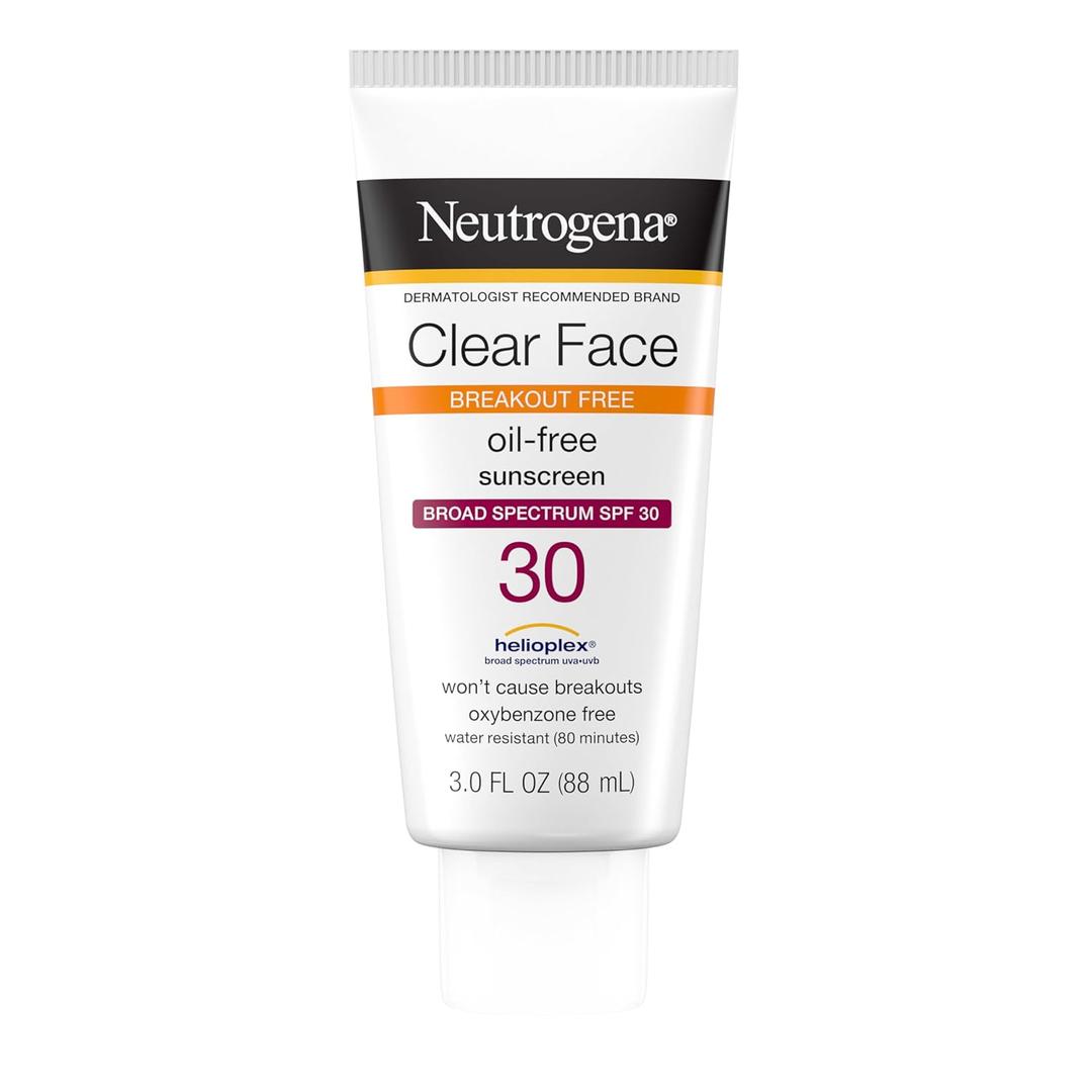 Neutrogena Clear Face Sunscreen Lotion for Acne-Prone Skin, Broad Spectrum SPF 30 Facial Sunscreen for Oily Skin, Fragrance- & Oxybenzone-Free Water Resistant, 3 fl. oz