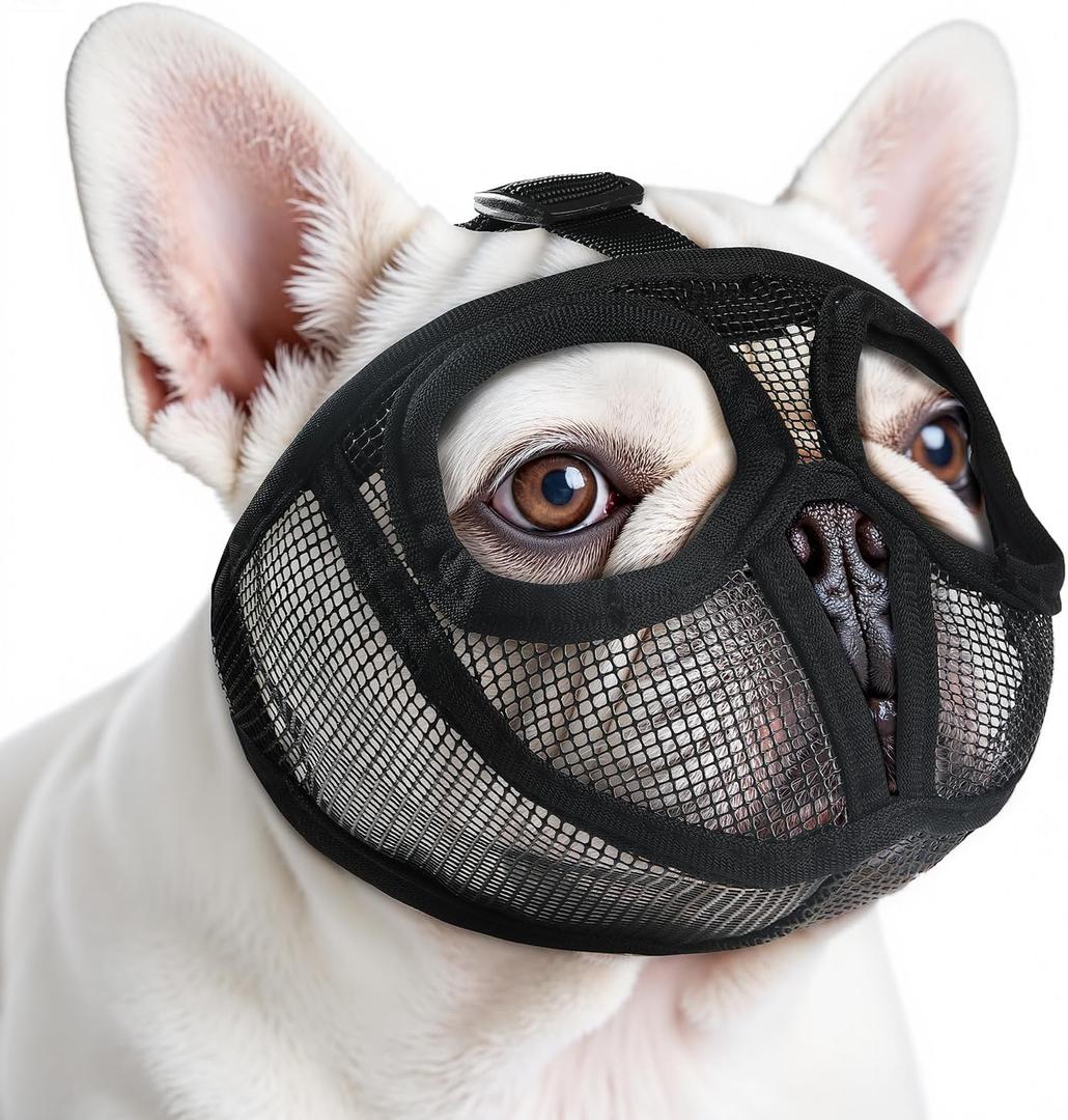 French Bulldog Muzzle, Soft Mesh Short Snout Dog Muzzle with Eye Hole for Biting, Chewing, Barking (XS, Black)