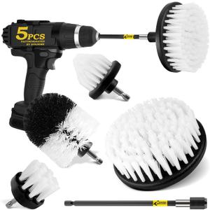 Holikme 5Pack Drill Brush Attachment Set-Car Interior Detailing KitPower Scrubber Brush Extended Long Attachment for Bathroom, CarShowerCarpet,Boat,KitchenFloor and TileWhite