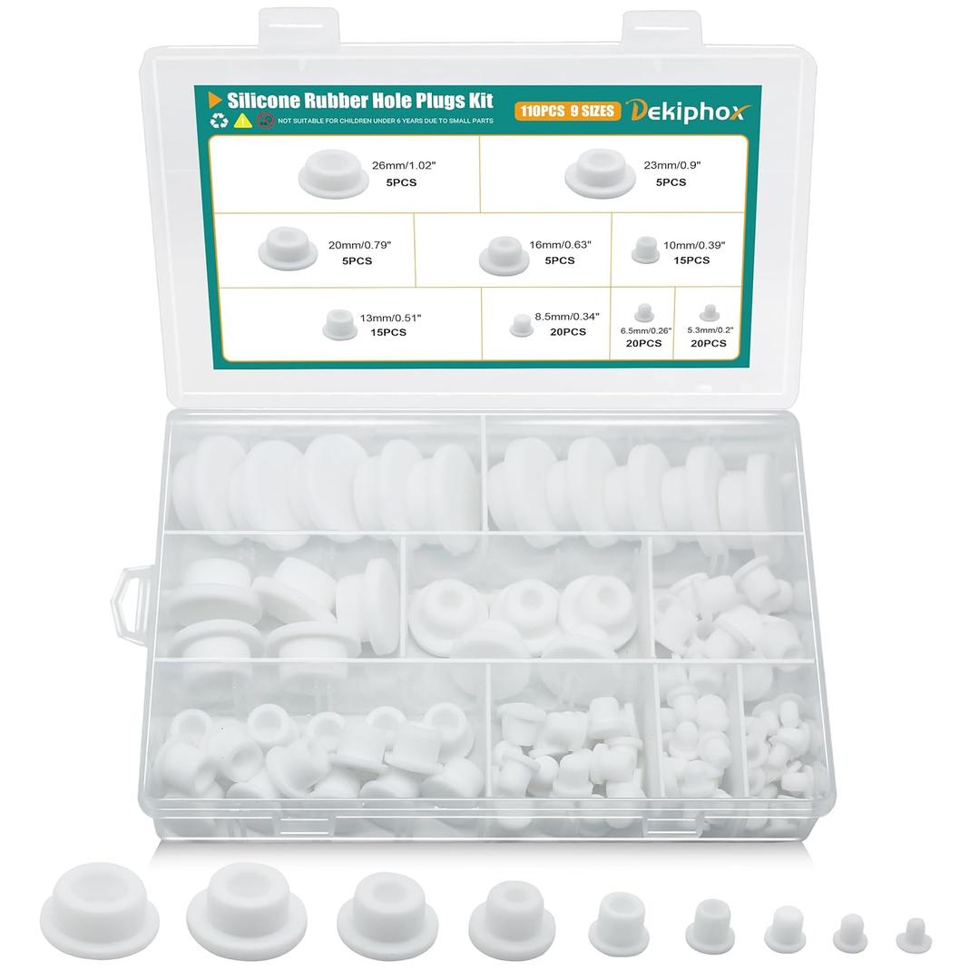 110PCS Silicone Rubber Plugs for Round Holes Assorted Sizes T-Shape Rubber Stoppers Hole Plug Bathtub Jet Covers (White)